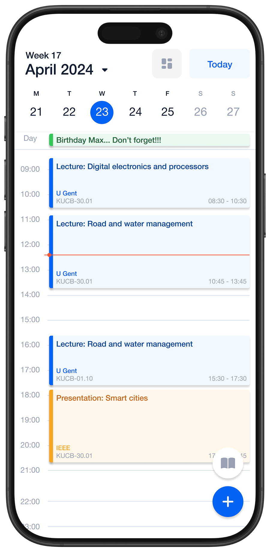 TooLate Homescreen. The place where a user can see his personal timetable.