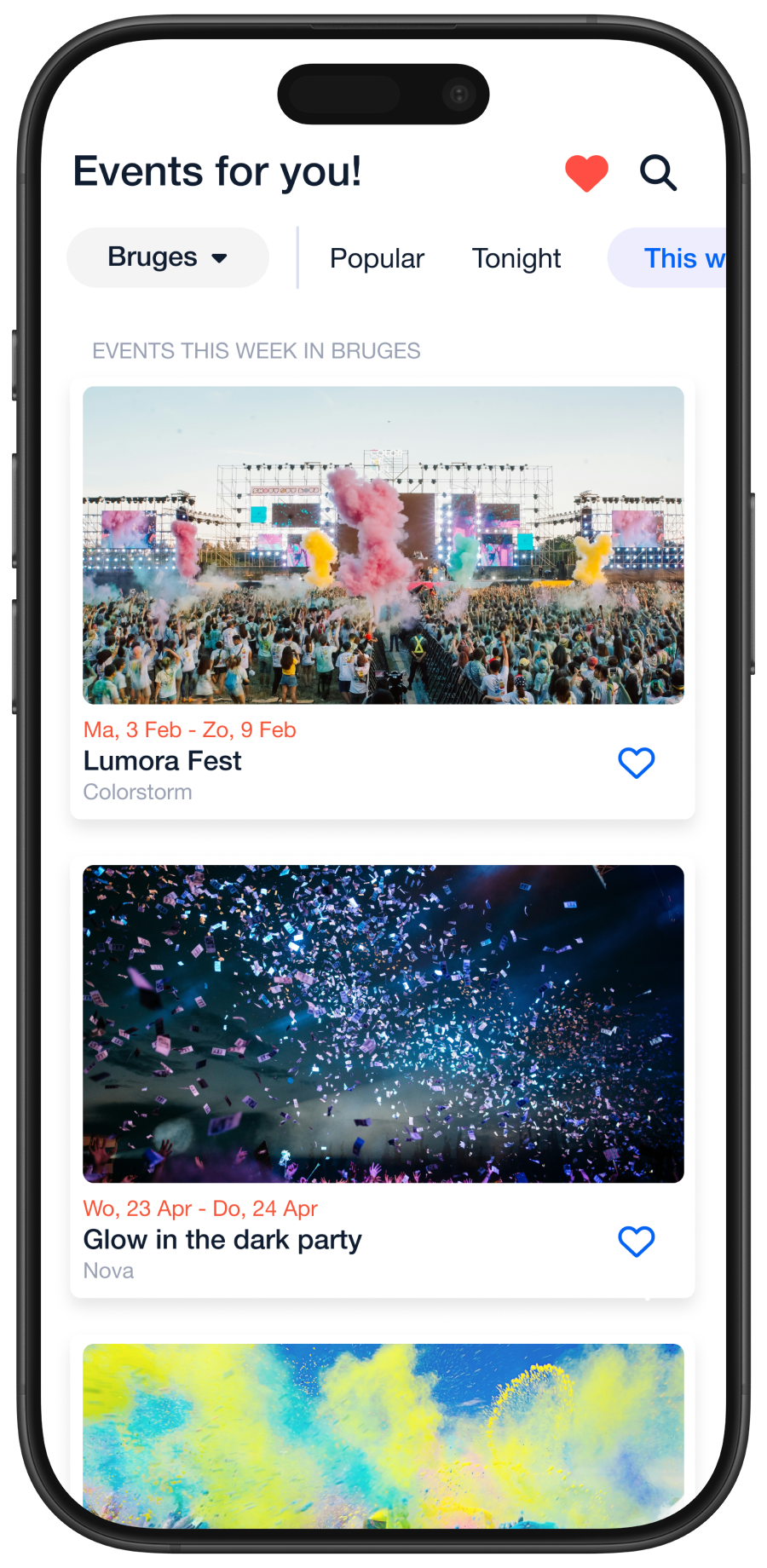 The screen where a user can see all the student club events nearby in his/her city.
